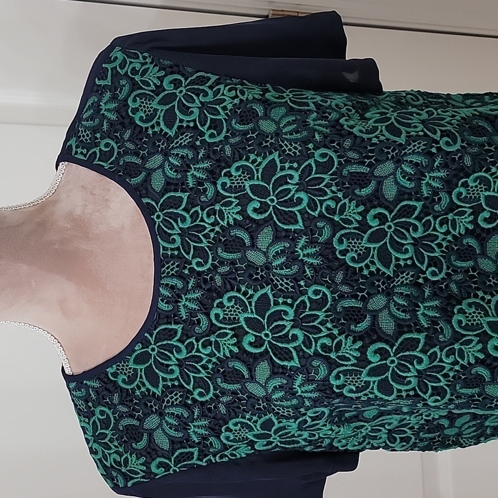 J. Crew Collection, Navy with Green Embroidered Lace Top, Silk Sleeves, Size 8 - Picture 2 of 14